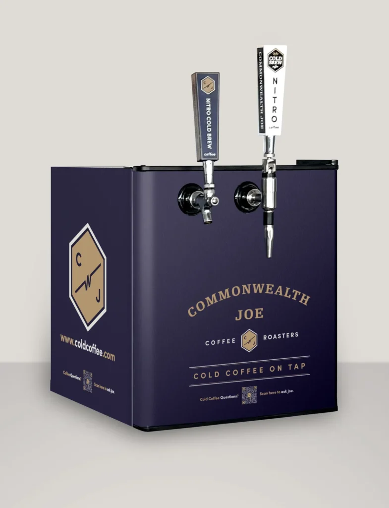 The countertop kegerator with two taps, serving classic cold brew and nitro cold brew