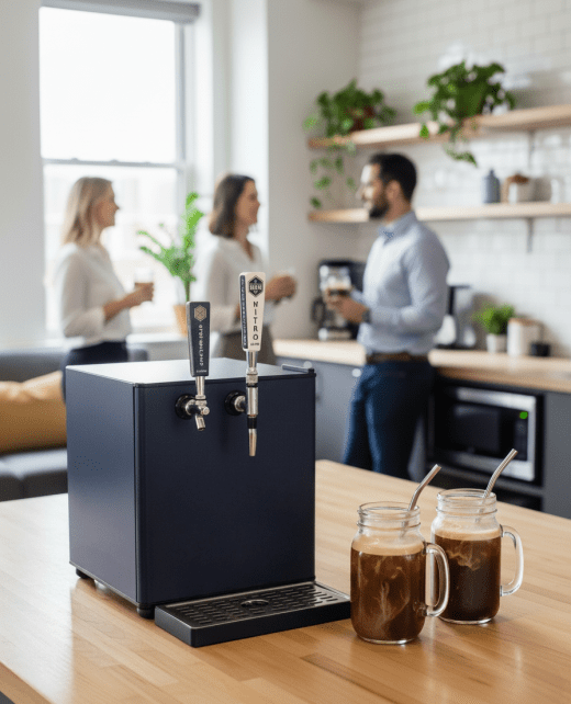 The compact dual-tap countertop kegerator we install — classic and nitro cold brew