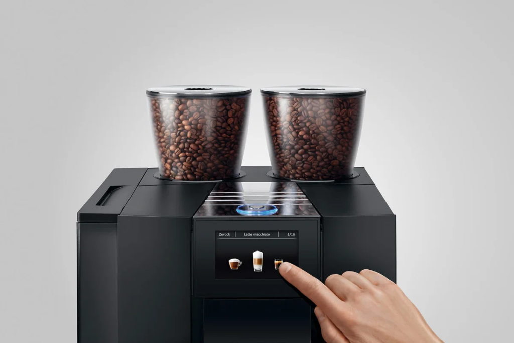 Drink selection menu on a JURA GIGA X8 bean-to-cup office coffee machine