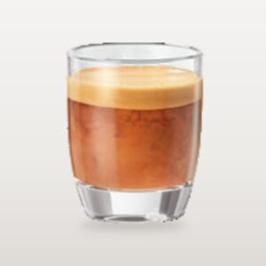 A cold brew cortado in a small glass, cold-brew coffee and milk in equal measure