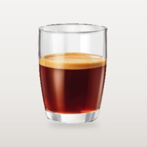 A lungo in a tall glass, a long dark extraction filling the glass almost to the rim
