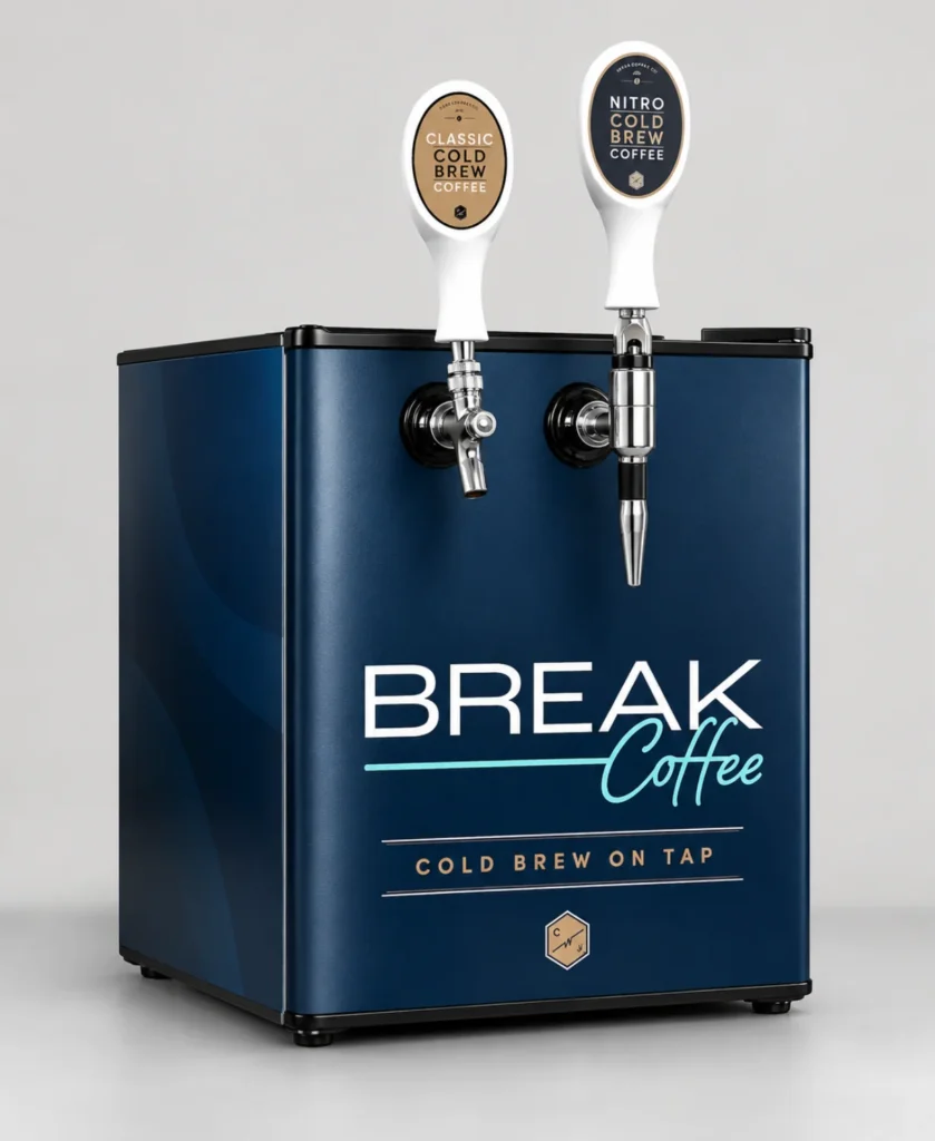 The dual-tap countertop kegerator we install, with classic cold brew and nitro cold brew tap handles