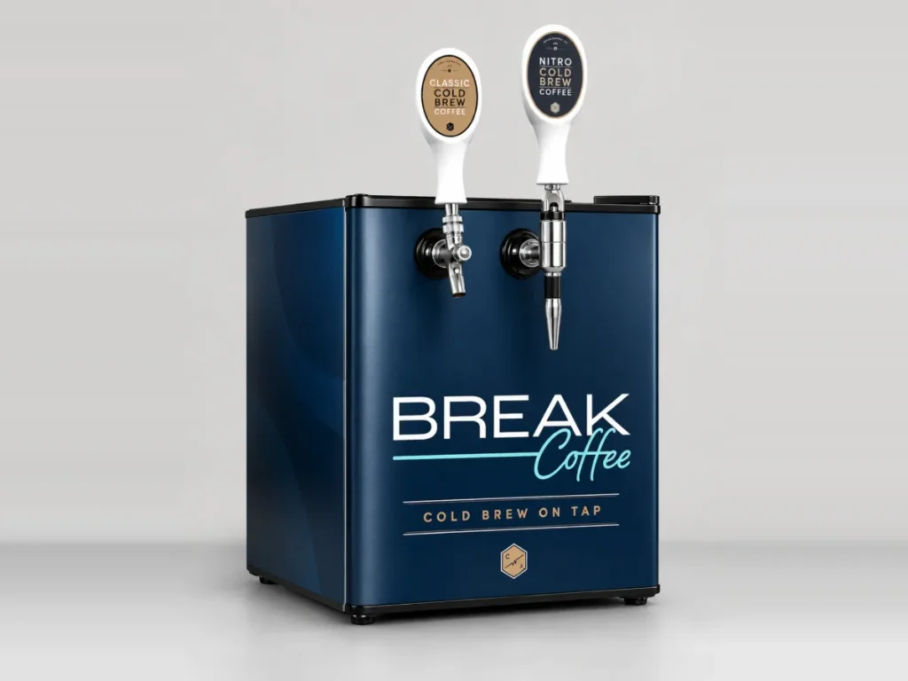 Break Coffee countertop kegerator with two tap handles, one for classic cold brew and one for nitro cold brew